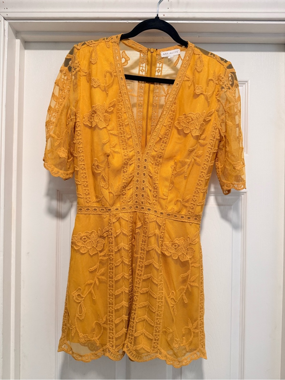 Socialite Mustard Lace V-Neck Romper w/See-Through Back
